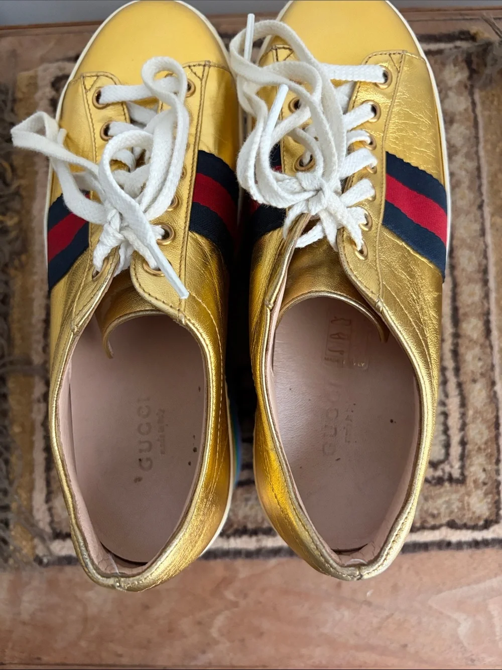Gucci- PEGGY Gold Rainbow Platform Sneakers - Women's  Lace-Up sz 36 - DAMAGED